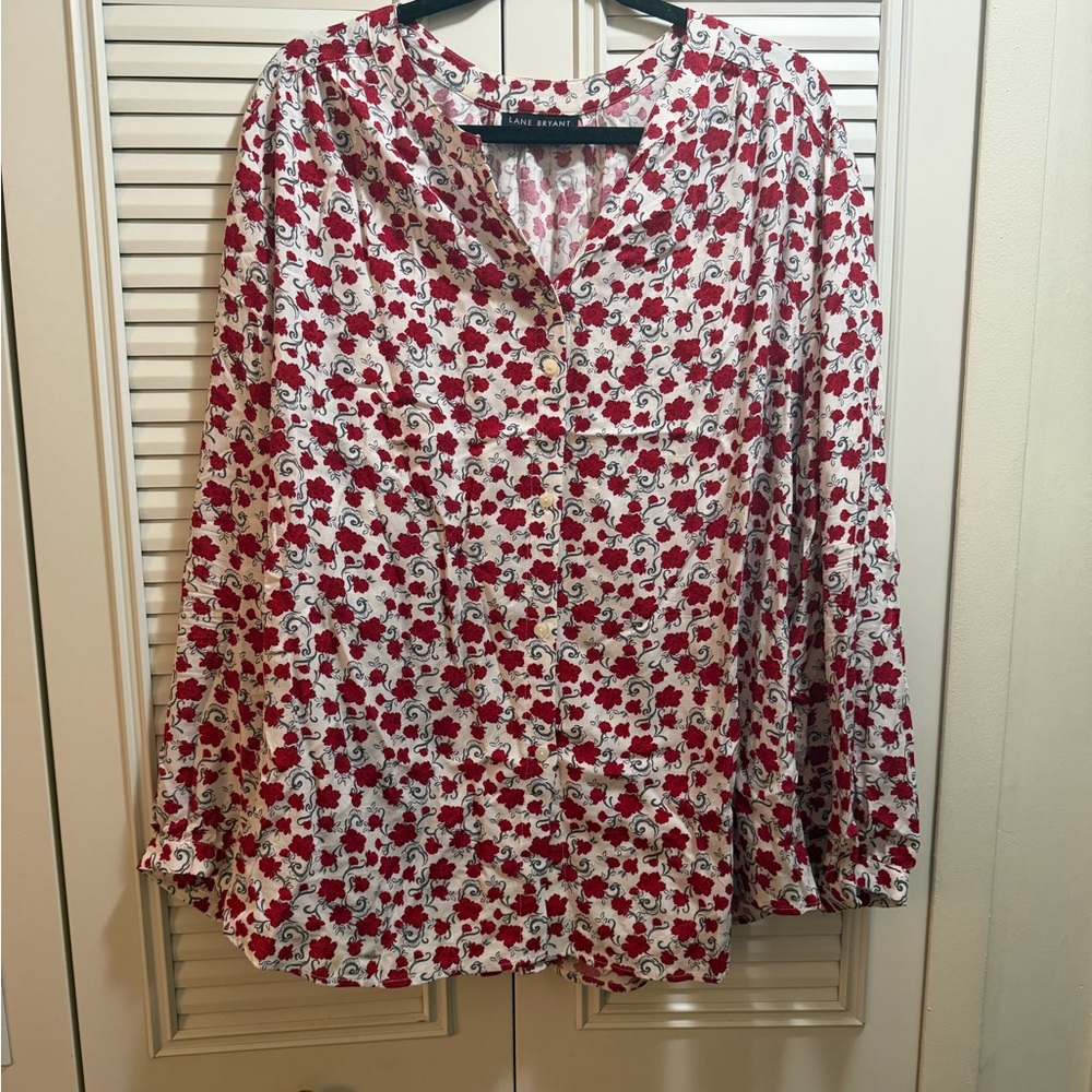 Lane Bryant Red and White Floral Blouse